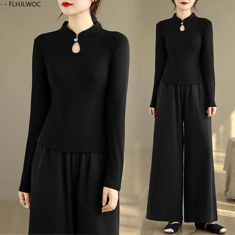 النمط الصيني تشي باو الوقوف طوق تصميم بلايز سوداء جديد 2025 الخريف الربيع النساء تاريخ الفتيات زر بلينغ قميص بلوزة خمر #5