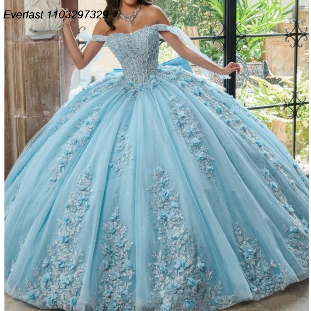 EVLAST-Vestido Quinceanera Azul Brilho, Aplique Floral 3D, Espartilho De Arco De Cristal, Vestido De Baile Doce 16, TQD447