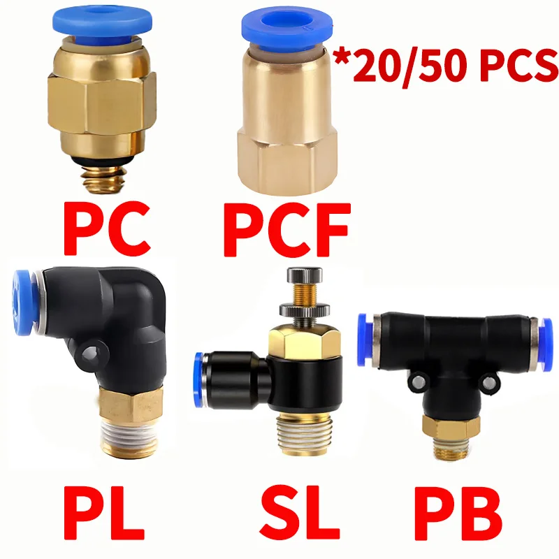 20/50 PCS PC PCF PL SL PB Pneumatic Quick Fitting,Push to Connect Hose Tube OD 4 6 8 10 12MM,Thread Size 1/8''1/4'' 3/8'' 1/2''