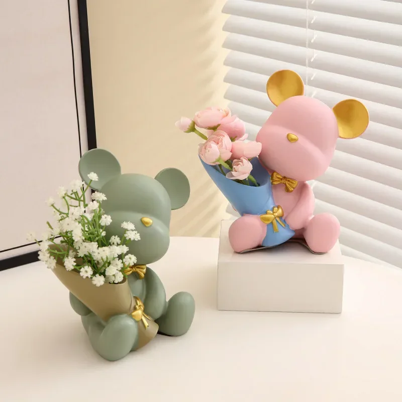 Nordic Resin Bear Doll Statue Bouquet Flower Arrangement Vase Living Room Decorations Gifts Desktop Home Decor Baccarat Vases