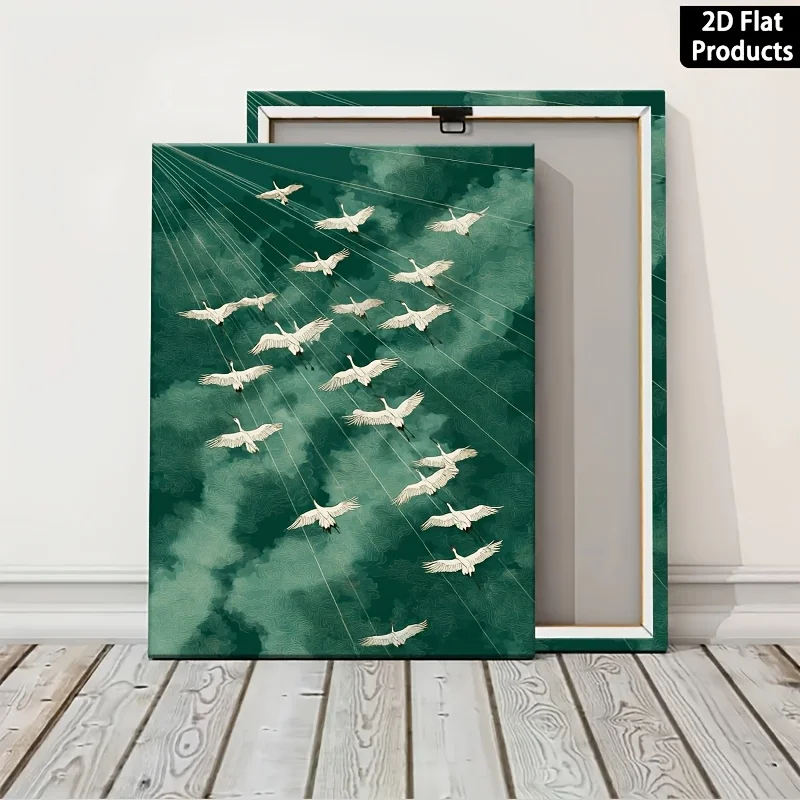 (No frame)2D Flat, 2D Flat, 1pc Vintage Home Decor Framed Poster, 3 Pictures of White Cranes Flying Over The Dark Green Water