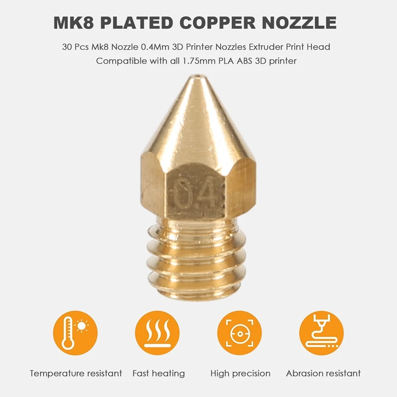 30 Pieces Mk8 Nozzle 0.4Mm 3D Printer Nozzles Extruder Print Head For 3D Printer Makerbot Creality Cr-10(1Pc Plastic Box)