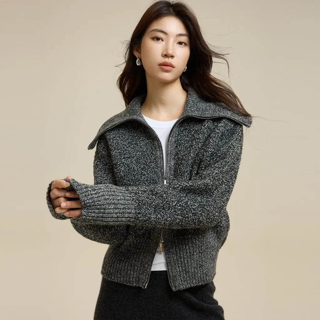 

Женский вязаный кардиган из круглой пряжи из чистой шерсти, свитер на молнии с цветочным принтом, осенне-зимняя верхняя одежда с маленькими лацканами