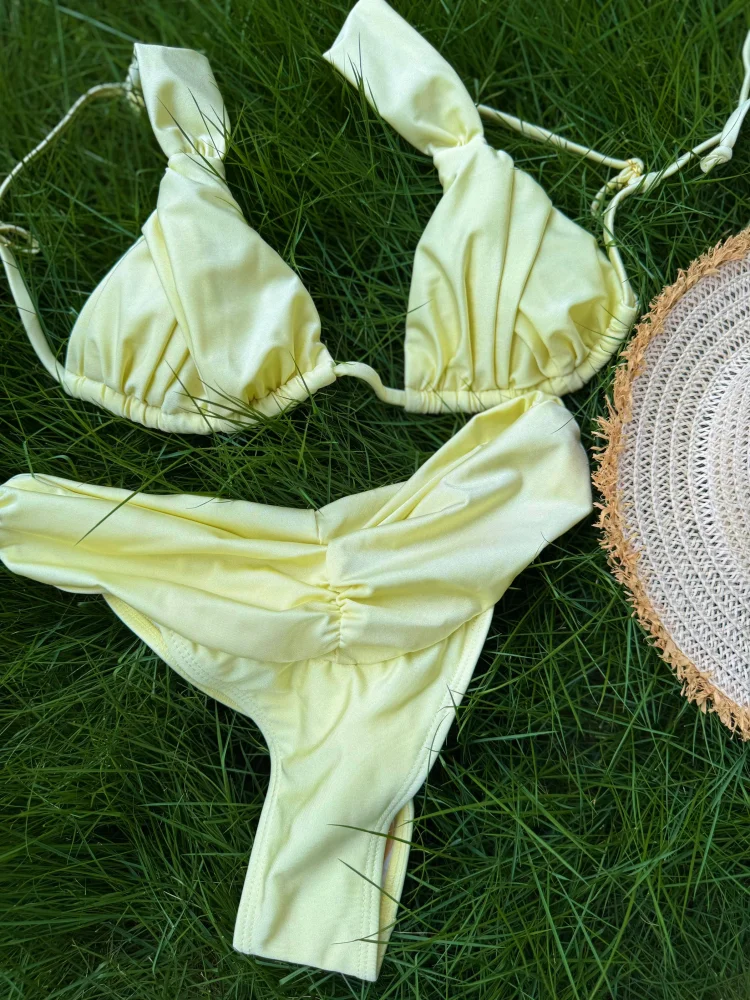 

ZRTAK Shiny Bikini Set Sexy Swimwear Women Pleasted Swimsuit Low Waist Beachwear Solid Color Bathing Suits Two Piece Bikinis