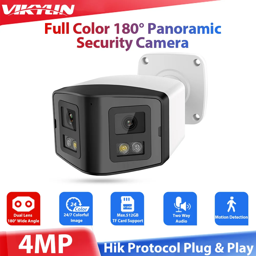 Vikylin 180° Panoramic Security Camera Full Color 4MP Dual Lens 4MM IP Camera For Hikvision Protocol POE Outdoor CCTV Camera