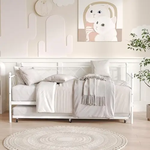 Twin Daybed with Trundle, Metal Frame Rolling Guest Bed | Designed for bedrooms, kids rooms, guest spaces, dorms &