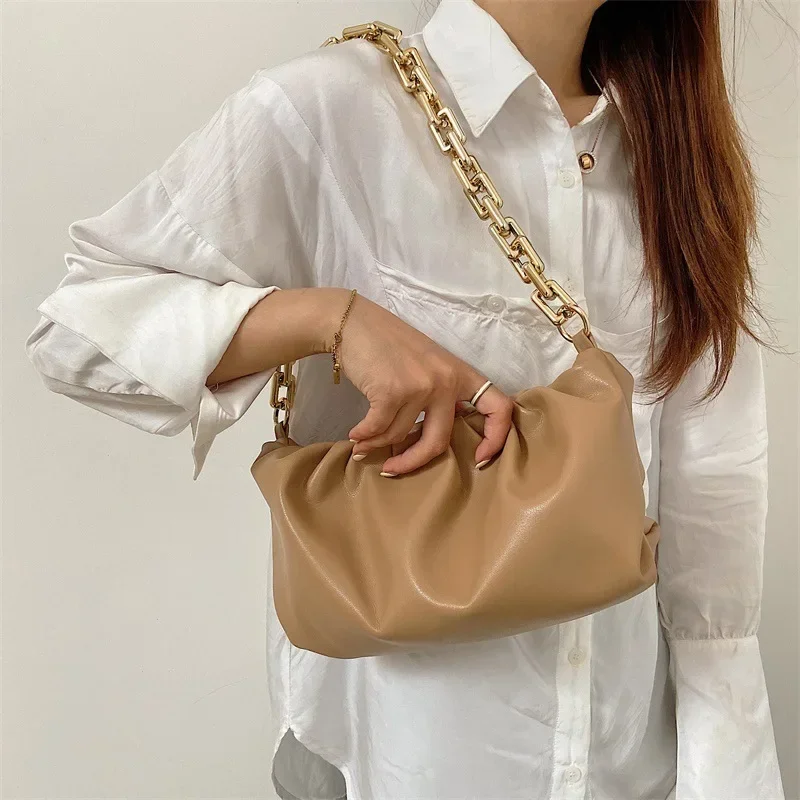 Thick Chain Ruched New Handbag Women's Trendy Fashion Chic Designer Shoulder Bag High Quality Leather Crossbody Bag Clutch Purse