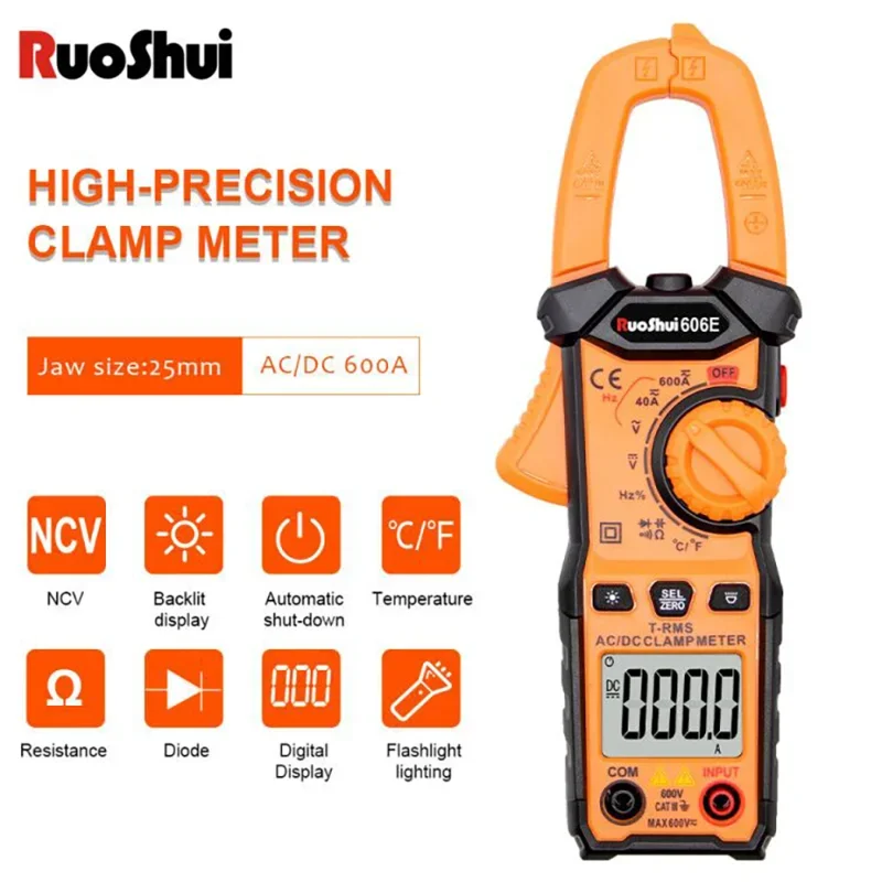 RuoShui 606E Digital Clamp Meter True RMS High Precision Capacitance NCV Ohm Hz Tester AC Amperometric Current Clamp Multimeter