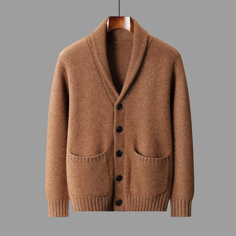 

Элитный мужской кардиган из 100% кашемира с воротником-шалью, толстое теплое пальто для осени и зимы, элегантный повседневный кашемировый трикотаж