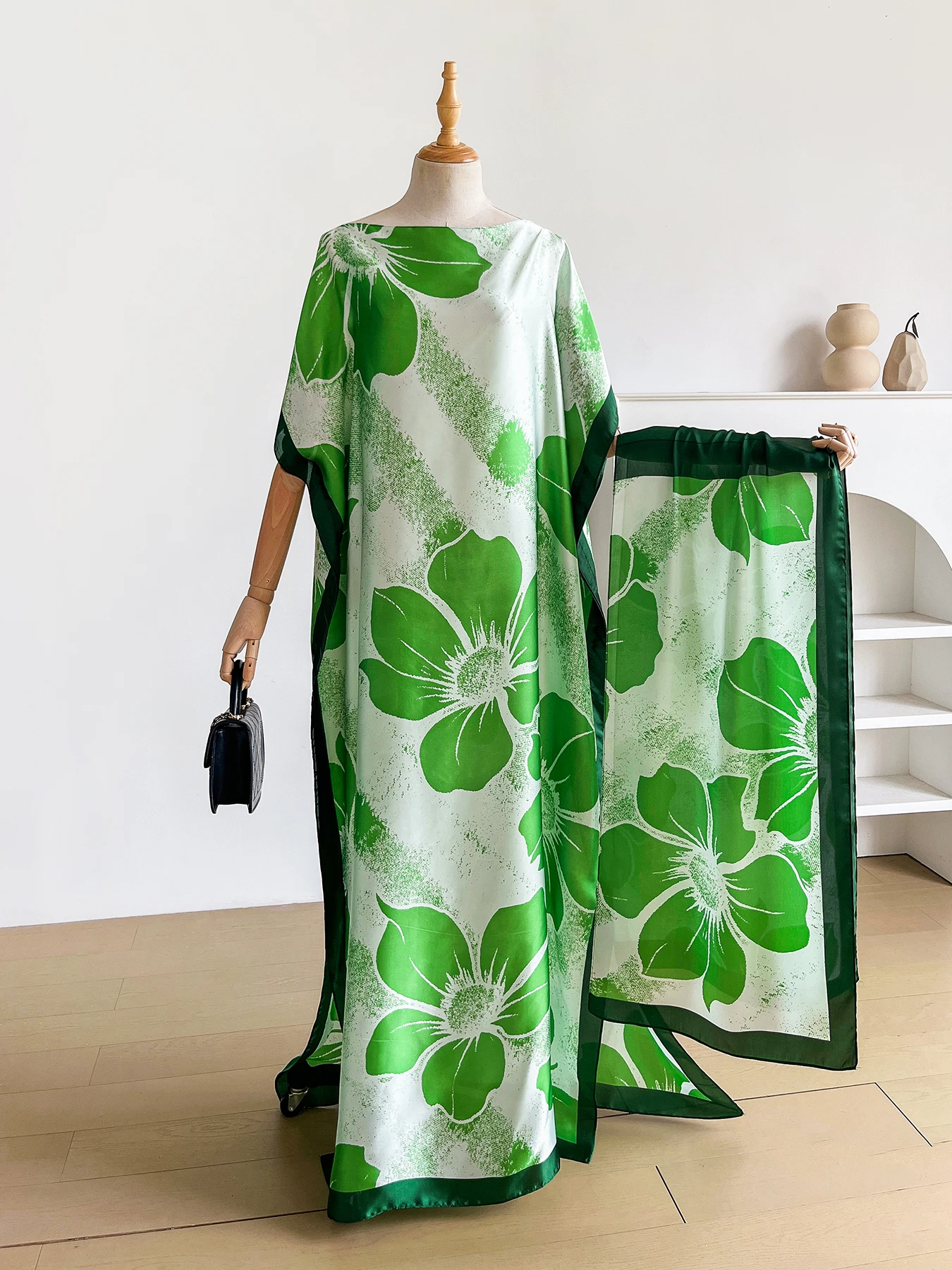 Summer Boho Floral Print Abaya With Scarf, Loose Batwing Maxi Kaftan For African Muslim Women Beach Holiday Wear - view 5