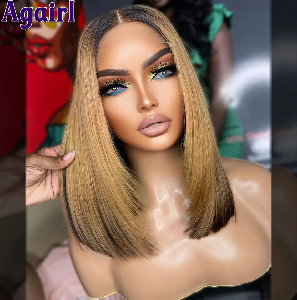 Ombre pirang hitam Bob Wig Frontal rambut manusia siap untuk dipakai 200% kepadatan lurus pendek Bob renda Wig depan untuk wanita mulus