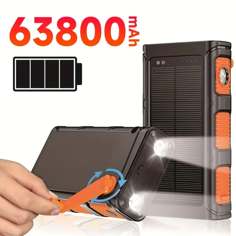 

63800mAh large capacity mobile power bank with 3 charging cables, solar charging, manual charging, asolar panel