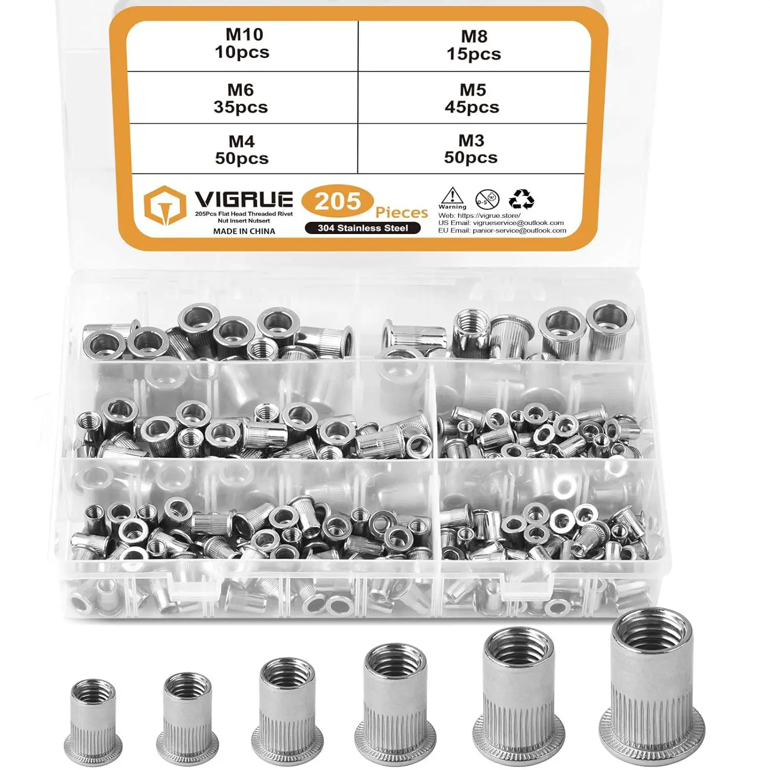 205Pcs Boxed 304 Stainless Steel Flat Head Knurled Rivet Nuts M3 M4 M5 M6 M8 M10 Blind Rivet Nut Kit