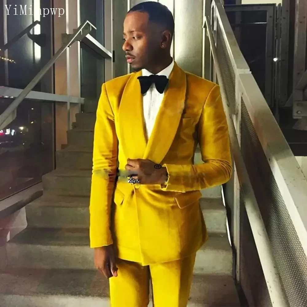 

YiMinpwp Yellow Men's Suits Peaked Lapel Activities Stage Tuxedo 2 Pieces Satin Banquet Prom Party Blazer Slim Fit Suit XS-5XL