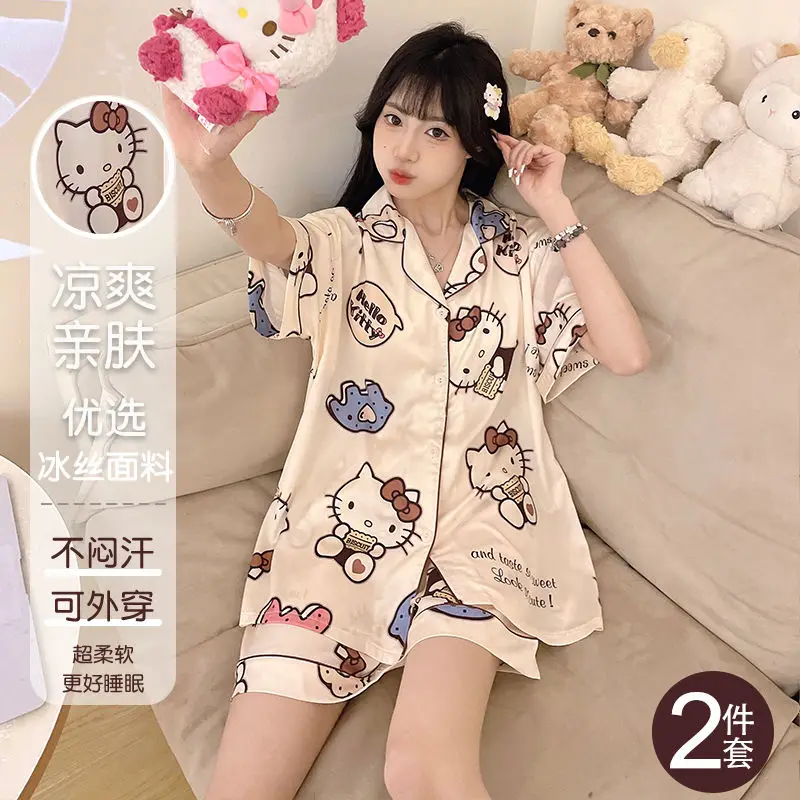 

Ice Silk Short Sleeve Kawaii Cartoon Hello Kitty Sanrio Pajamas Breast Pad Mother and Baby Doll New Style Suit Thin Cool Home Cl