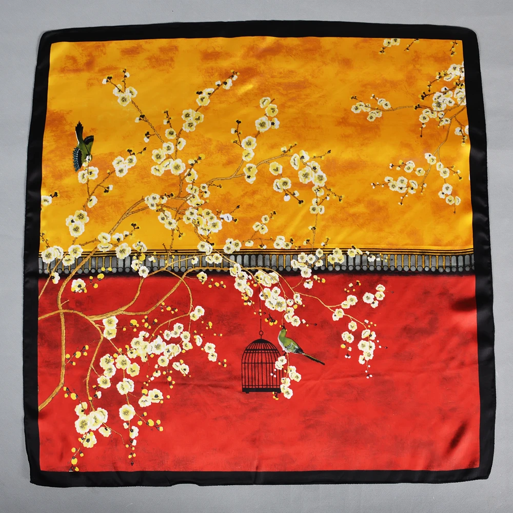 BYSIFA Elegant Red Yellow Silk Scarf 70*70cm China Plum Blossom Design Winter Scarves Spring Autumn Brand Square Silk Scarves