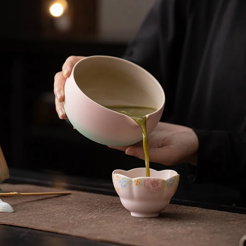 

2PC Ceramic gradual change pink and green with mouth matcha bowl tea set Song Dynasty tea play point tea play matcha tools