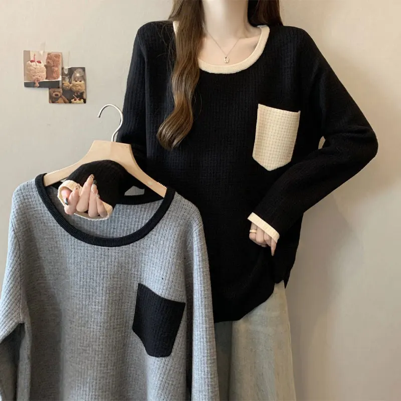 Casual Fashion Pockets Pullovers Female Clothing Spliced Contrasting Colors Autumn Winter Round Neck Loose Long Sleeve T-shirt