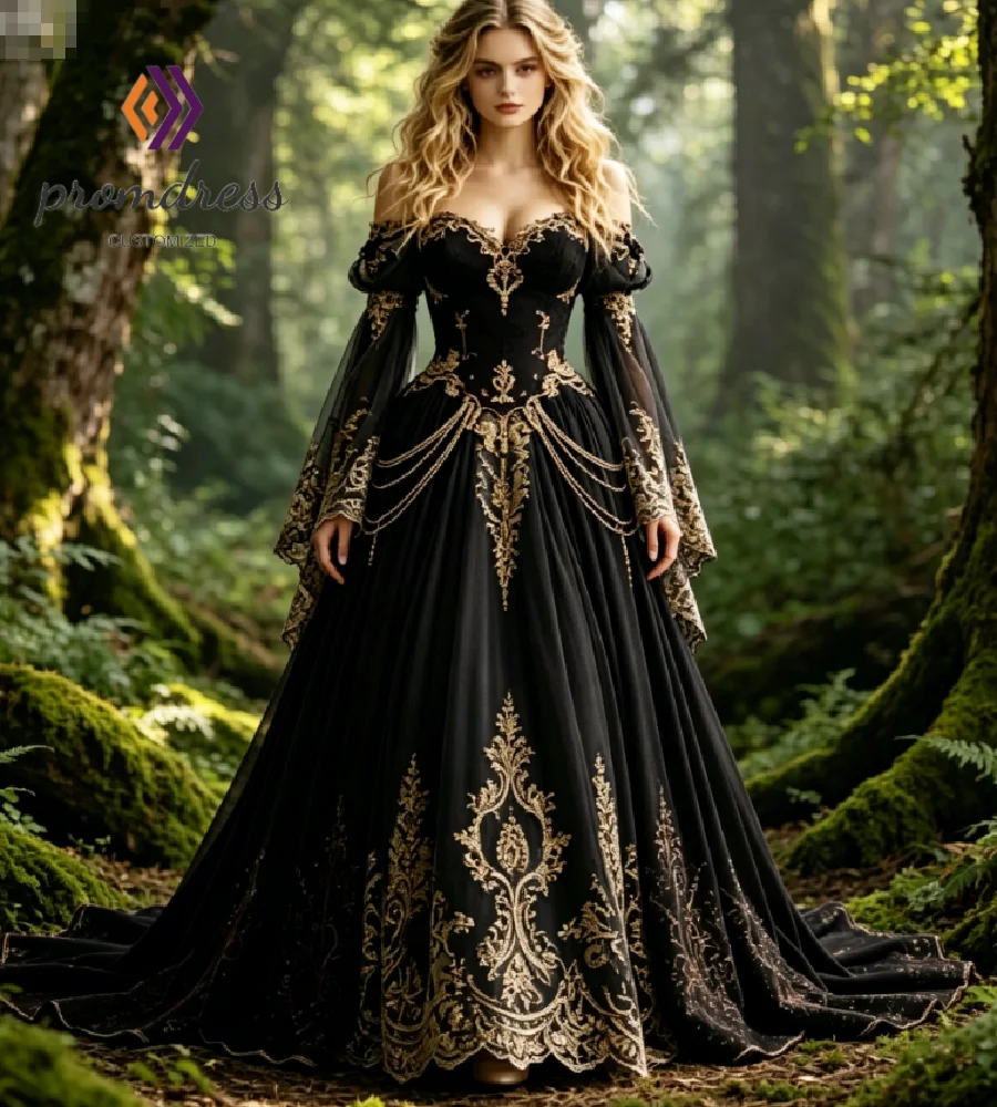 Dark Romantic Black Gold Gothic Wedding Dress 2026 Enchanted Forest Medieval Queen Bridal Gowns Lace Applique Bell Sleeve Party