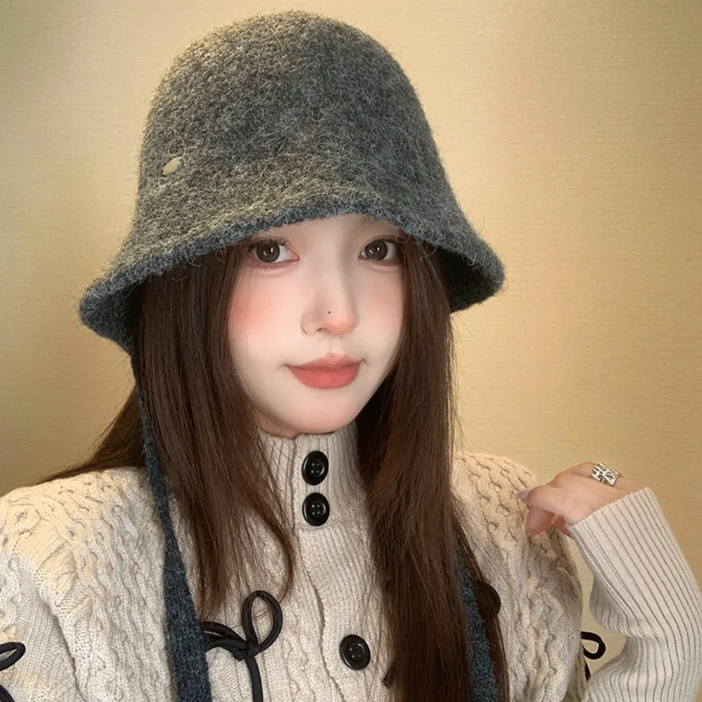 Gorro de pescador de invierno para mujer con abertura trasera y correas, gorro de pescador de punto grueso y cálido con orejeras para protección contra el frío