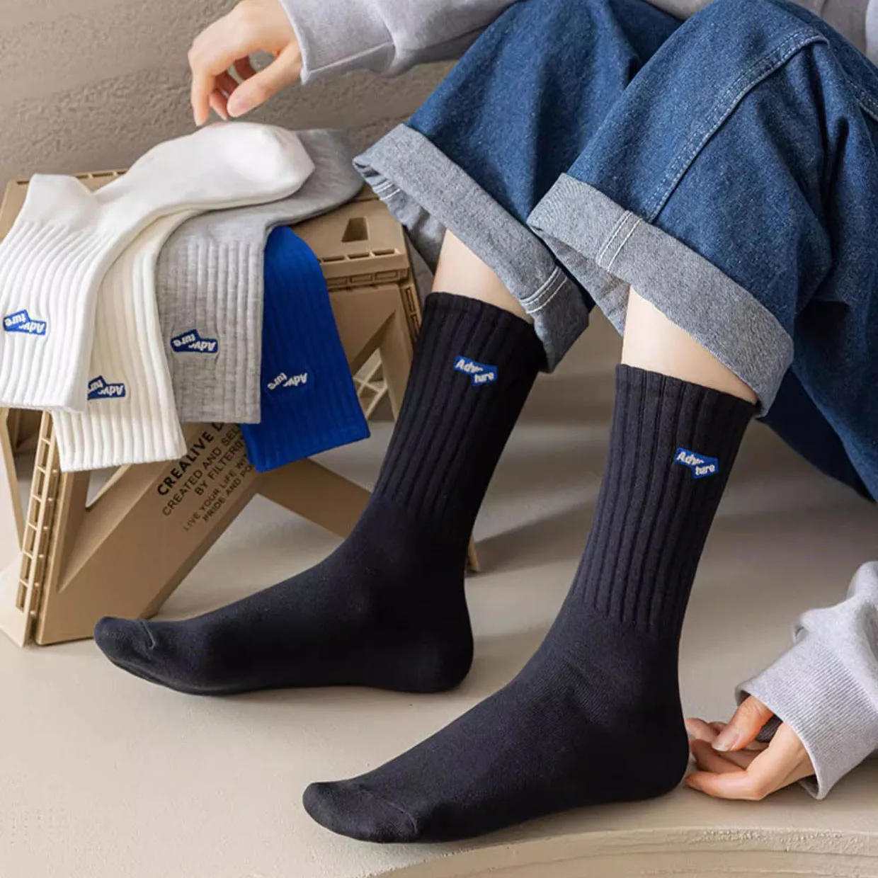5 Pairs Men's Socks Autumn And Winter Anti Odor And Sweating Sports Socks White Mid Tube Socks Trendy Harajuku Fashion Versatile