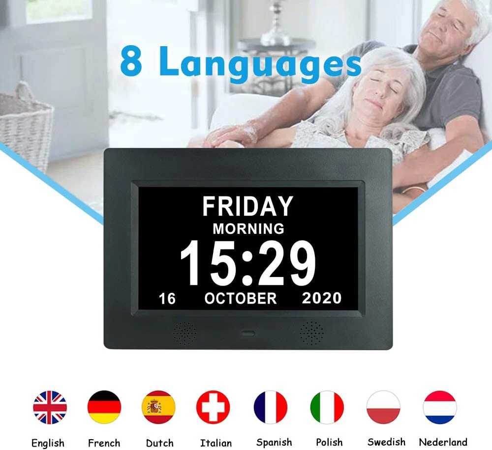 Extra Large Date Time Digital Photo Frame Day Calendar Clock 10 Inch with Auto-Dimming 12 Alarm Reminders Dementia Clocks