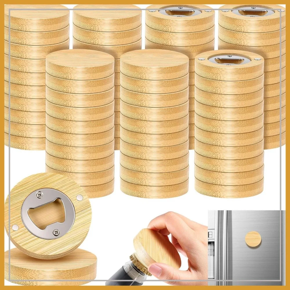 

70 Pcs 2.5in Bamboo Magnetic Bottle Openers Round Shape DIY Fridge Magnet Sticker for Beer Lovers Wedding Kitchen Parties