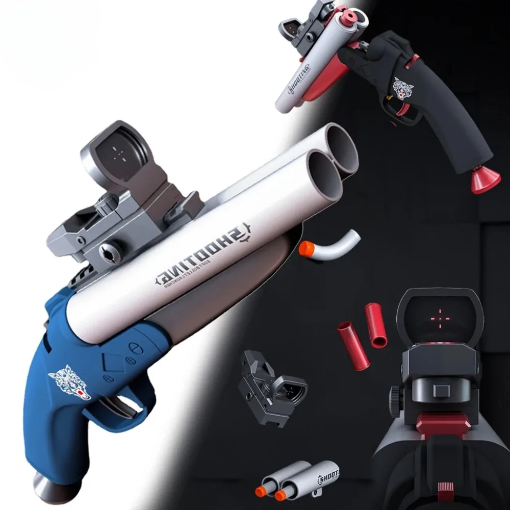 ปืนของเล่นแบบสองลำกล้อง ยิงโฟม ปืนไรเฟิลของเล่นสำหรับเด็ก เล่นเกมยิงปืนกลางแจ้ง พร้อมศูนย์เล็ง ลูกดอกนิ่ม 20 ชิ้น