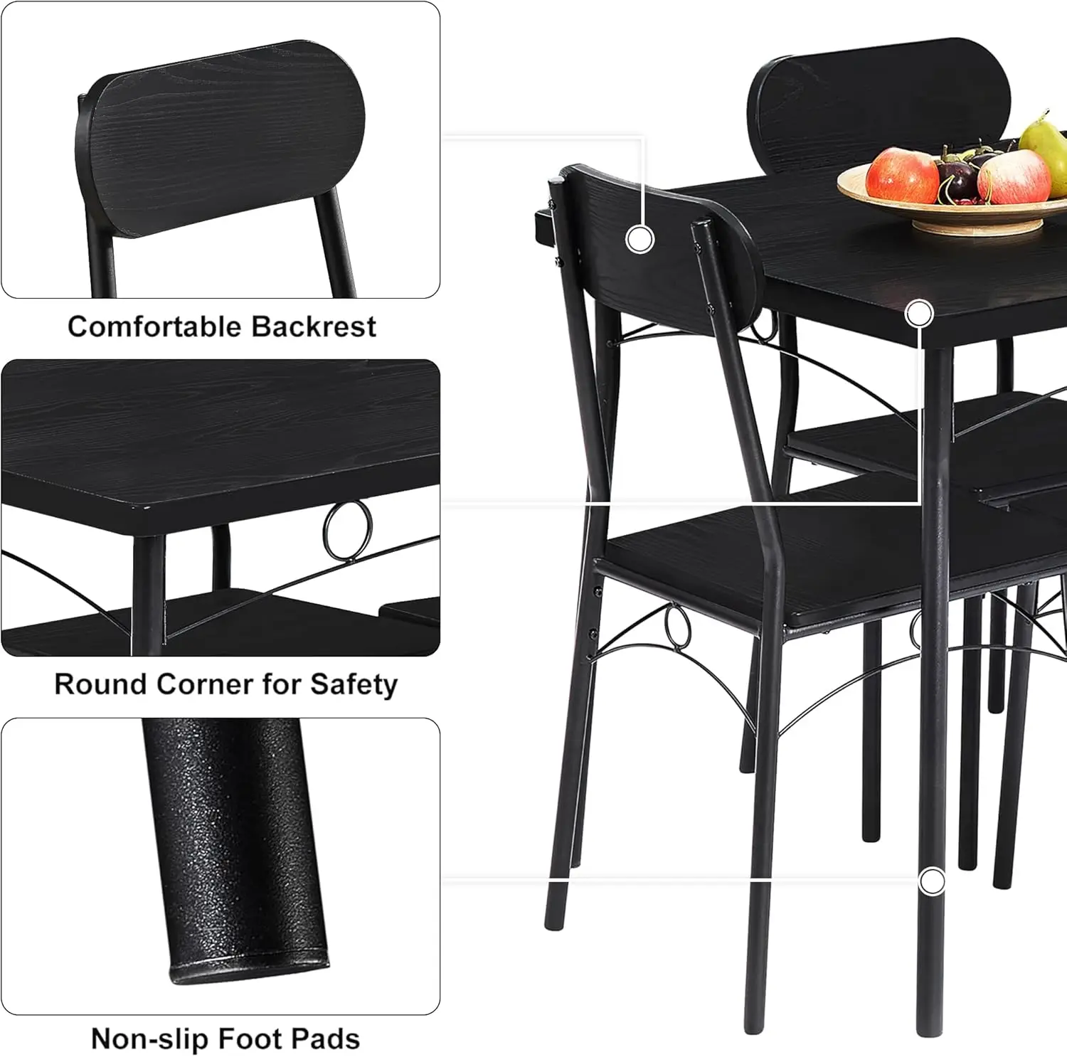 Dining Table Set for 4, 5 Piece Dinette with Chairs for Kitchen, Breakfast Nook and Small Space, Black