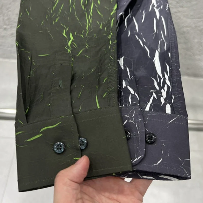 قميص رجالي بأكمام طويلة بنمط فرقعة - أزرق داكن (أسود/أخضر) M-3XL تصميم أنيق برقبة على شكل حرف V قماش قابل للتمدد للتجاعيد ​