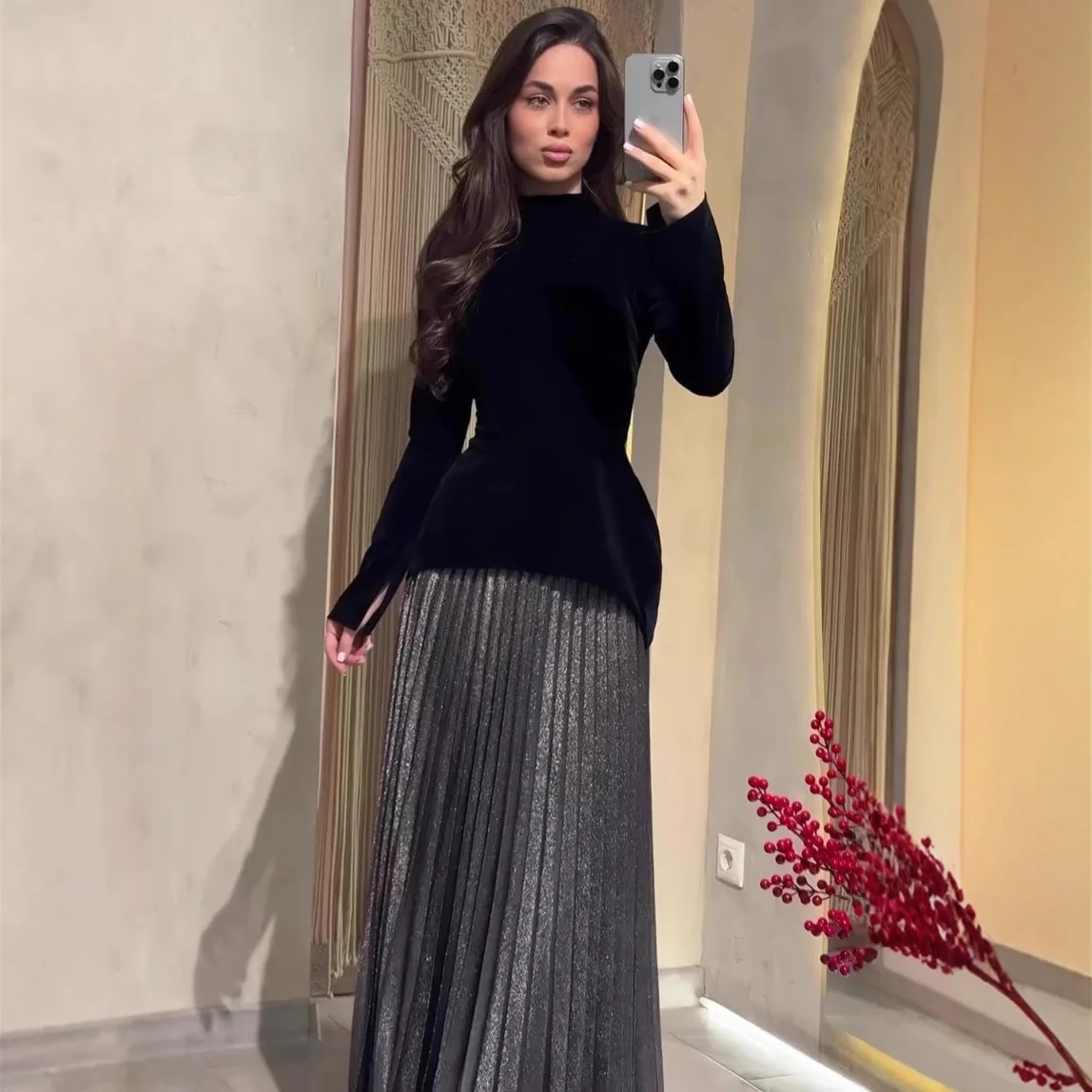 

Elegant Women Pleated Half Skirts Sets Autumn New High Waist Skirts Two Piece Sets Casual Color Blocked Velvet Tops&Skirts Sets