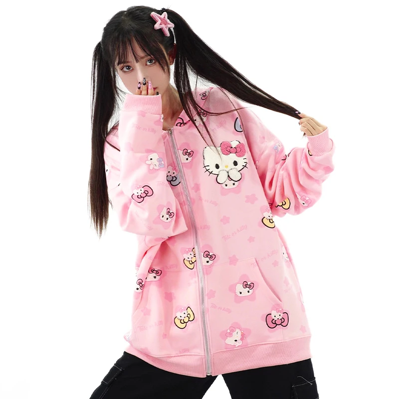 Y2K Hello Kitty Kawaii Meisjes Hoodie Sweatshirt Rits Vest Sanrio Anime Lente Winter Borduren Jas Vrouwen Tops Los