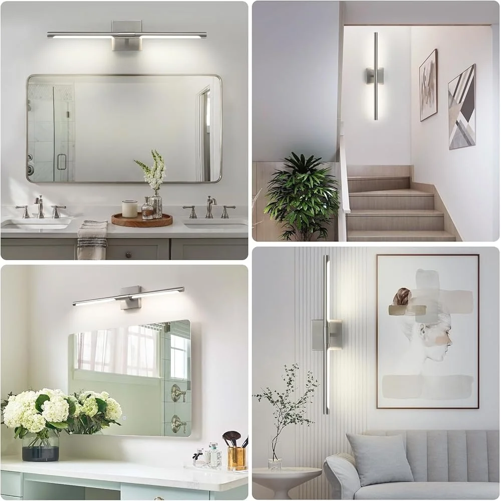 Modern LED Bathroom Vanity Light Dimmable 24 inch Sand Nickel Over Mirror Fixture Energy Saving 12W 4000K Rotatable Design