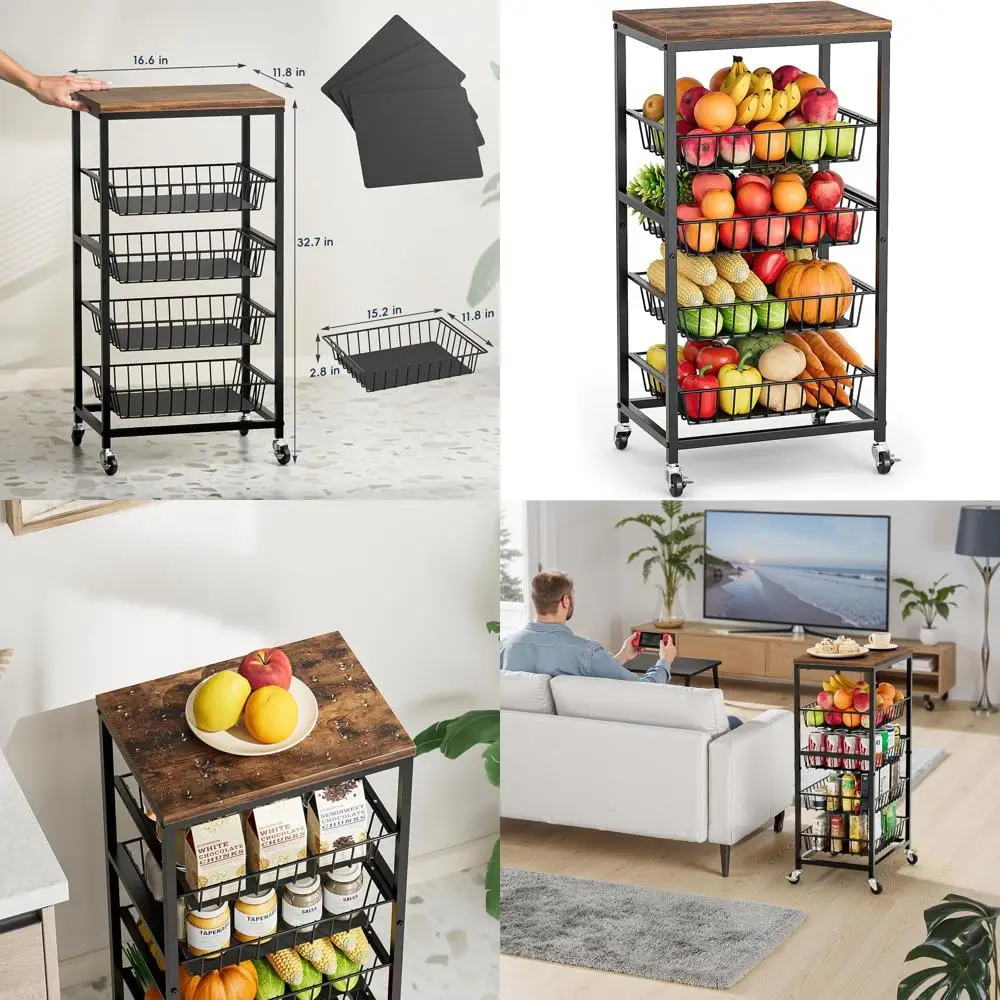 

4-уровневая кухонная тележка на колесиках с выдвижными корзинами и деревянной столешницей, для использования в гостиной (коричневая)