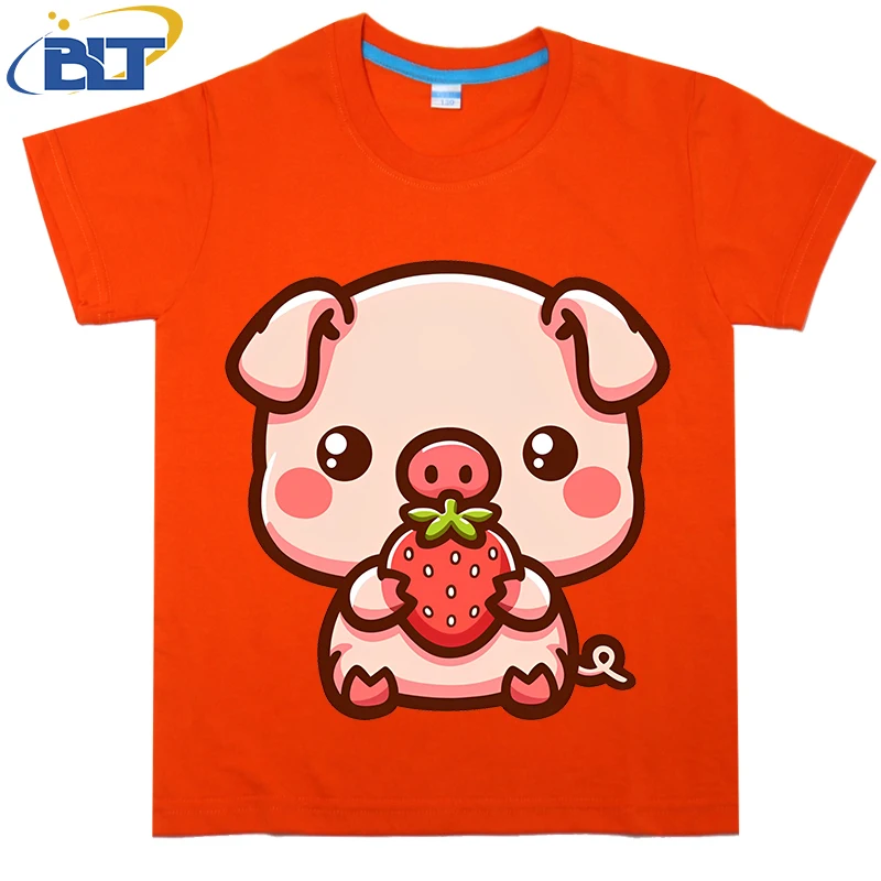 Pig with Strawberry Printed Kids T-shirt Summer Cotton Short Sleeve Casual Tops Suitable for Boys and Girls