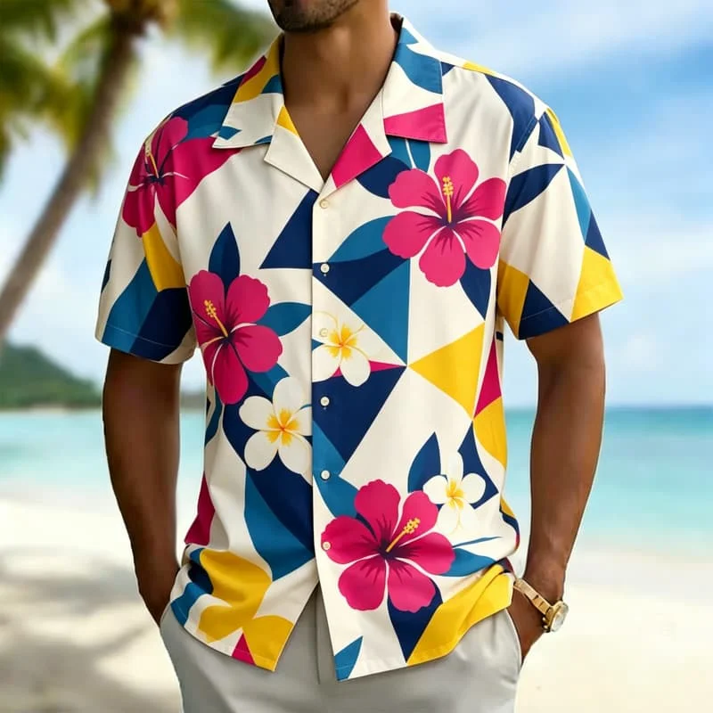 Men's tropical contrasting geometric print Hawaiian shirt, suitable for party events, street dressing, and casual gatherings