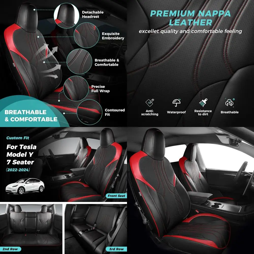 

1: 1 чехлы на сиденья для Tesla Model Y 2024 2023 2022, дышащие кожаные чехлы на автомобильные сиденья, полный комплект, 7 мест - черный, красный