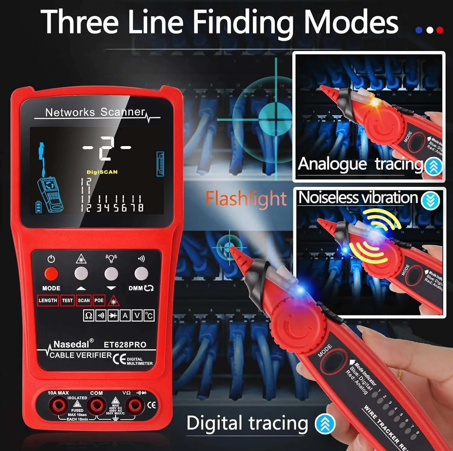 

Nasedal ET628PRO Network Cable Tester Multimeter Wire Tracker VFL PoE Test RJ45 RJ11 BNC CAT5-CAT8 Length Mapping 3pcs Remote