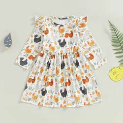 Kid Clothes Girls Autumn A-line Princess Dress Long Sleeve Crewneck Ruffle Chicken Print Dress Children's Clothing