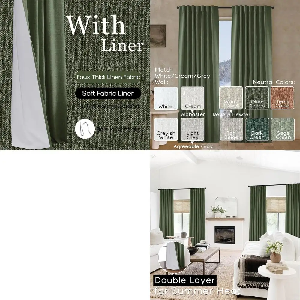 

Rustic Farmhouse Style Dark Olive Green 96 Curtains, 2-Panel Set for Living Room with Blackout Feature