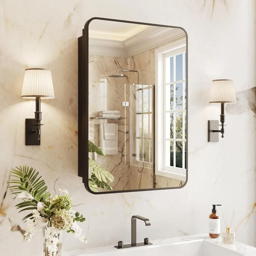 Medicine Cabinet Mirror 16x24 Black Adjustable Shelves Rounded Rectangle Metal Frame Storage Recessed Wall Mount