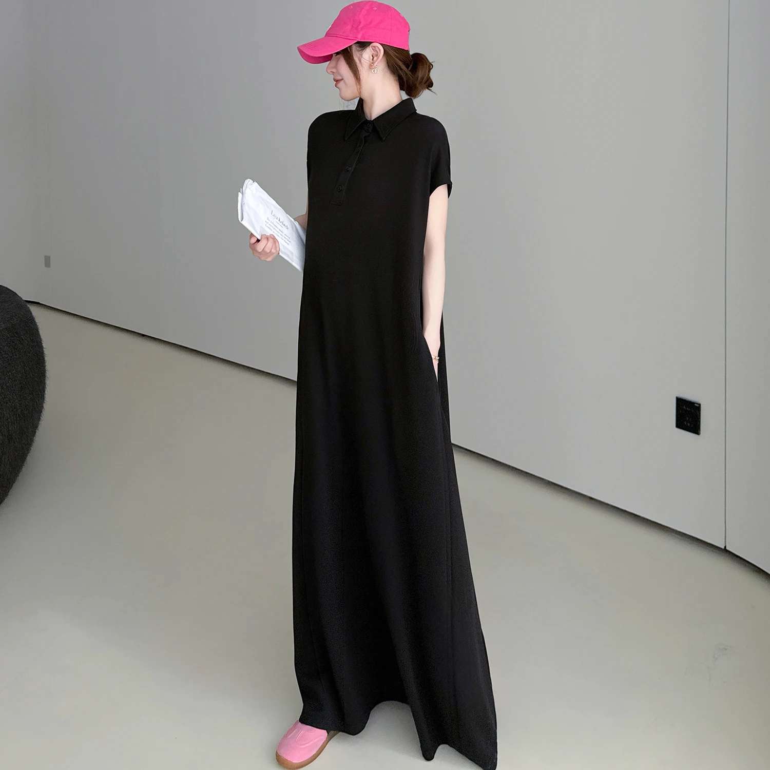 

Elegant Lazy Style Long Collar Short Sleeve T-Shirt Dress New Summer 2026 Fashion Ladies' Gown Ethnic Stage Costume
