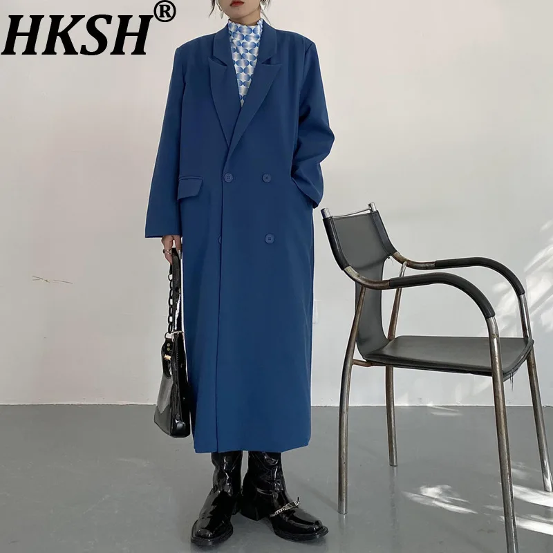 

HKSH Autumn Winter New Women's Long Blazer Notched Collar Double Breasted Solid Color Retro Elegant High-end Padded Coat HK14938