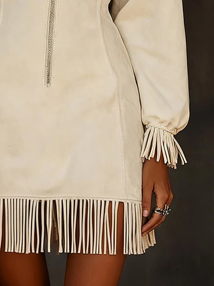 

Elegant Suede Vintage Women's Midi Dress Stand Neck Half-Zip Solid Fringe Long Sleeve Fashion Straight Long Sweatshirt Dresses