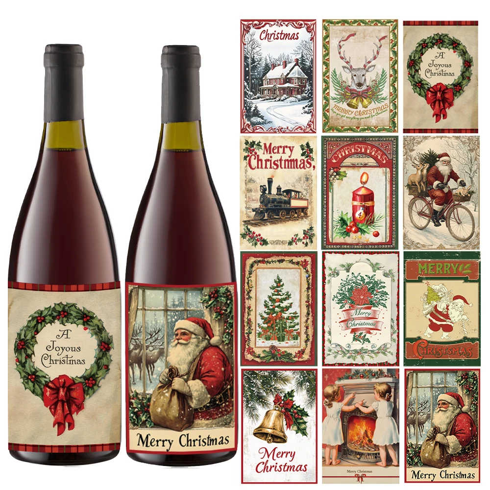 12pcs Retro Merry Christmas Wine Bottle Label Wraps Stickers Xmas Party Decoration New Year Navidad Gift DIY Sealing Stickers