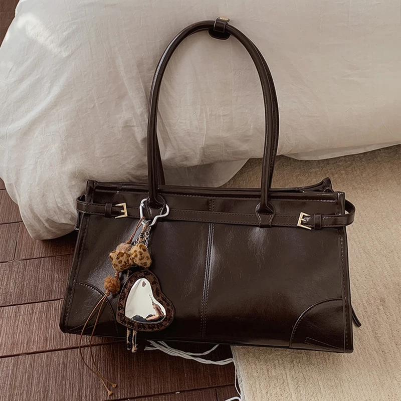 

Brand Fashion Shoulder Bag Korean Vintage Women Glossy Large Capacity Underarm Bag Stylish Versatile Handbag Belt Buckle Design