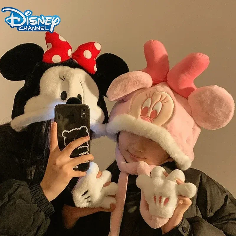 Disney Plush Mickey Minnie Mouse Scarf Hat Cute Cartoon Child Party Birthday Gift Plus Velvet Keep Warm Winnie the Pooh Hat