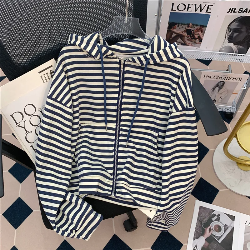 Short Striped Hooded Zip-up Cardigan Jacket for Women Women Vintage Harajuku Casual Long Sleeve Loose Hooded Sweatshirts Y2k