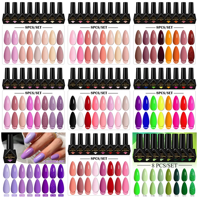 

8pcs 10ml Gel Nail Polish Set All Seasons Colorful Glitter Semi Permanent UV LED Gel Polish Set Soak Off Nail Art Varnish Design