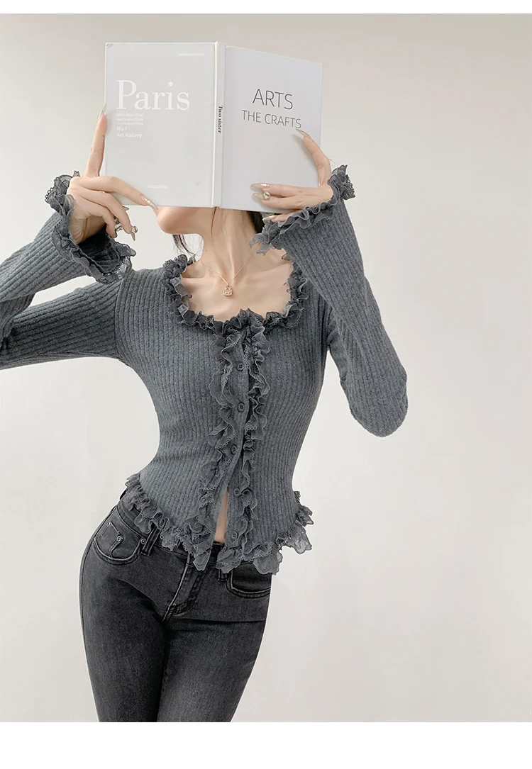 2026 Quadratischer Kragen Spitzenbesatz Langarm-Strickpullover Damen Retro Kurzer Stil Schlanke Oberteile Einreihige Strickjacke – Detail 22